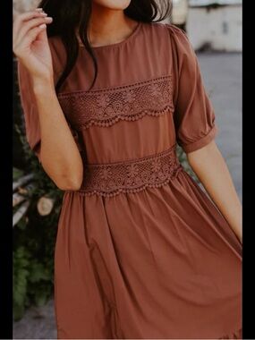 Women's Lace-Trim Casual Dress in Rust Brown
